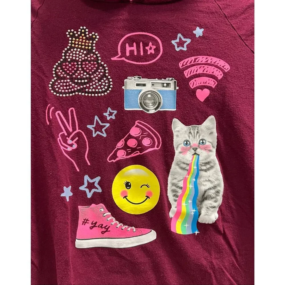 Justice Cherry Red graphic hooded tee white layered hem kitty peace bling sz 14